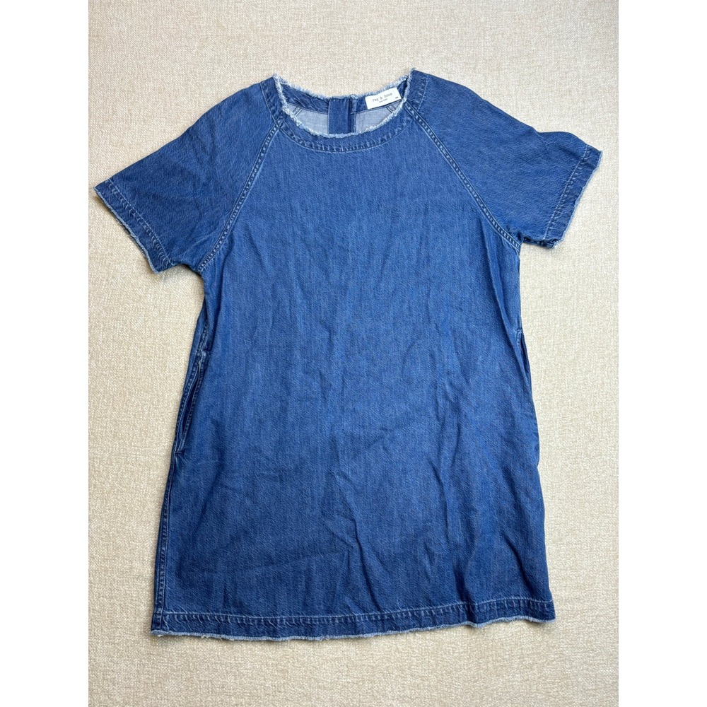 Rag & Bone Denim Shift Dress Medium Wash Raw Hem Short Sleeve Pockets Size M